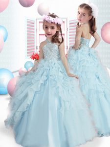 Sweet Ball Gowns Pageant Gowns For Girls Light Blue Halter Top Organza Sleeveless Floor Length Lace Up