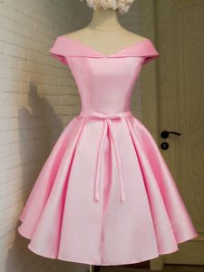 A-line Bridesmaid Dress Pink Off The Shoulder Taffeta Cap Sleeves Knee Length Lace Up