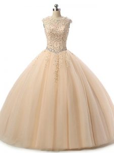 Scoop Sleeveless Lace Up Sweet 16 Quinceanera Dress Champagne Tulle