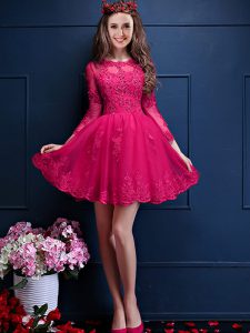 Spectacular Mini Length Hot Pink Bridesmaid Dresses Scalloped 3 4 Length Sleeve Lace Up