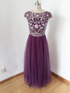 Exquisite Eggplant Purple Short Sleeves Beading Zipper Prom Evening Gown
