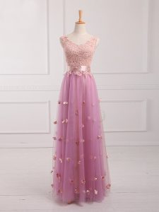 Elegant Floor Length Lilac Vestidos de Damas V-neck Sleeveless Lace Up