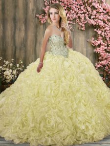 Popular Yellow Sleeveless Brush Train Beading Ball Gown Prom Dress
