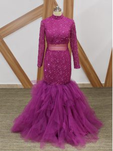 Lovely Fuchsia Tulle Zipper High-neck Long Sleeves Floor Length Mother of the Bride Dress Lace and Ruffles