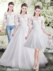 Half Sleeves Lace Up Floor Length Lace Wedding Gowns