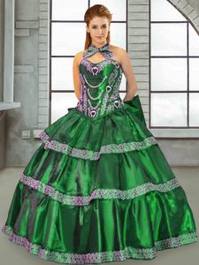 Olive Green Lace Up Halter Top Beading and Ruffles 15 Quinceanera Dress Taffeta Sleeveless