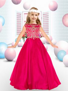 Hot Pink Cap Sleeves Beading Floor Length Little Girls Pageant Dress