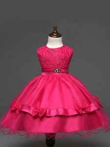 Smart Hot Pink Ball Gowns Tulle Scoop Sleeveless Lace and Bowknot Knee Length Zipper Flower Girl Dresses for Less