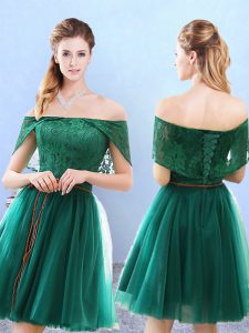 Off The Shoulder Cap Sleeves Lace Up Bridesmaids Dress Olive Green Tulle