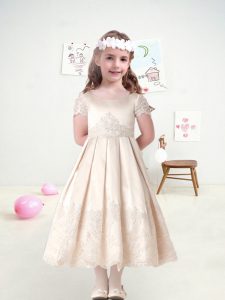 Simple Champagne Short Sleeves Satin and Lace Zipper Flower Girl Dresses for Less for Military Ball and Sweet 16 and Qui