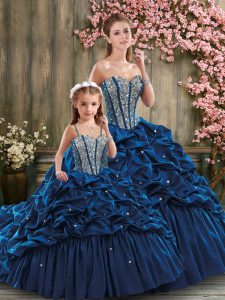 Sleeveless Beading and Pick Ups Lace Up Sweet 16 Dress with Navy Blue Brush Train