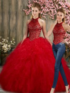 Red Organza Lace Up Halter Top Sleeveless Floor Length Quinceanera Gowns Beading and Embroidery