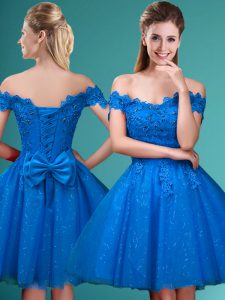 Sleeveless Tulle Knee Length Lace Up Quinceanera Dama Dress in Blue with Lace and Belt