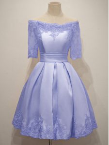 Customized Half Sleeves Lace Up Knee Length Lace Wedding Guest Dresses