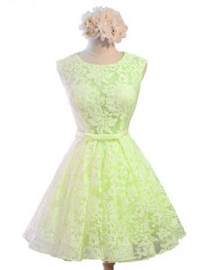 Luxurious Yellow Green Lace Up Scoop Belt Bridesmaid Dresses Lace Sleeveless
