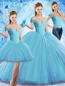 Sexy Baby Blue Quinceanera Gowns Off The Shoulder Sleeveless Sweep Train Lace Up