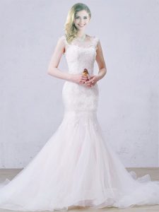 Fashion White Tulle Lace Up Scoop Sleeveless Wedding Dress Brush Train Lace