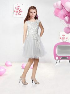New Style Scoop Sleeveless Flower Girl Dresses Mini Length Lace Silver Tulle