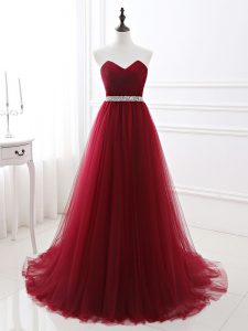 Exceptional Wine Red Sleeveless Beading Lace Up Homecoming Dress