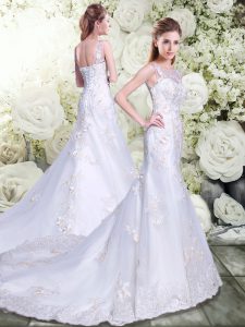 White Lace Up Scoop Lace Wedding Gowns Tulle Sleeveless Brush Train