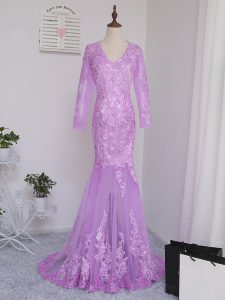 Lilac Tulle Side Zipper Mother of Bride Dresses Long Sleeves Brush Train Lace and Appliques