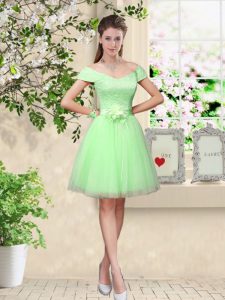 Inexpensive Knee Length Apple Green Quinceanera Dama Dress V-neck Cap Sleeves Lace Up