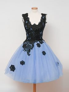 Top Selling Sleeveless Tulle Knee Length Zipper Court Dresses for Sweet 16 in Light Blue with Lace