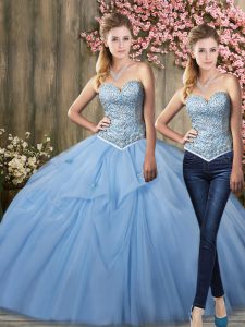 Sleeveless Tulle Floor Length Lace Up Quinceanera Dresses in Light Blue with Beading and Pick Ups