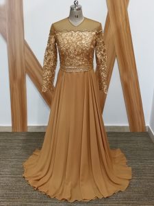 Super High-neck Long Sleeves Mother of Groom Dress Brush Train Lace Brown Chiffon