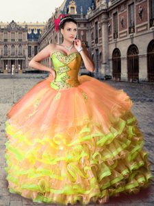 Sweetheart Sleeveless Organza Vestidos de Quinceanera Beading and Ruffled Layers Court Train Lace Up