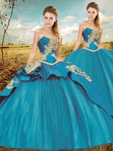Teal Ball Gown Prom Dress Taffeta and Tulle Court Train Sleeveless Beading and Embroidery