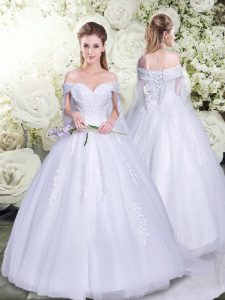 White Ball Gowns Tulle Off The Shoulder Sleeveless Lace and Appliques Lace Up Wedding Dresses Brush Train