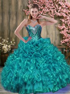 Enchanting Ball Gowns Quinceanera Gowns Teal Sweetheart Organza Sleeveless Floor Length Lace Up