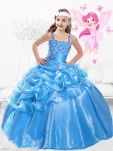 Superior Organza Straps Sleeveless Side Zipper Beading and Pick Ups Little Girl Pageant Gowns in Baby Blue