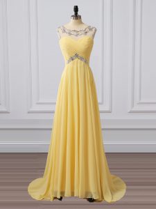 Yellow Prom Party Dress Prom and Party with Beading and Ruching Scoop Sleeveless Brush Train Clasp Handle