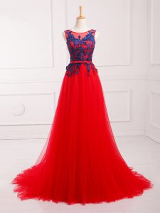 Graceful Tulle Sleeveless Red Carpet Gowns Brush Train and Lace and Appliques