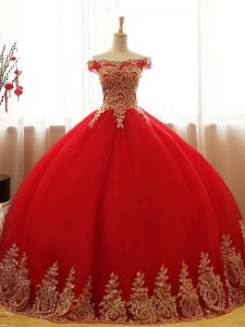 Off The Shoulder Sleeveless Quinceanera Gowns Floor Length Appliques Red Tulle