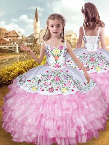 Perfect Rose Pink Child Pageant Dress Party and Wedding Party with Embroidery and Ruffled Layers Straps Sleeveless Lace 