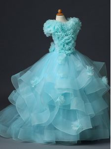 Charming Aqua Blue Lace Up Little Girls Pageant Dress Wholesale Ruffles and Hand Made Flower Sleeveless Floor Length