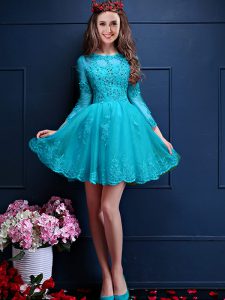 Sweet Scalloped 3 4 Length Sleeve Chiffon Bridesmaid Gown Beading and Lace and Appliques Lace Up