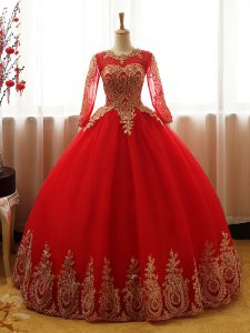 Perfect Red Ball Gowns Scoop Long Sleeves Organza Floor Length Lace Up Appliques Quince Ball Gowns
