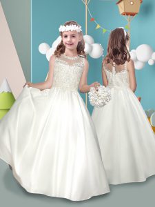 Flare White Satin Zipper Toddler Flower Girl Dress Sleeveless Floor Length Lace