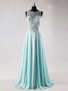 Sleeveless Chiffon Brush Train Zipper Prom Party Dress in Aqua Blue with Beading
