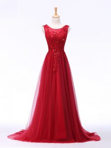 Tulle Scoop Sleeveless Brush Train Lace Up Lace and Appliques Juniors Evening Dress in Red