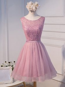 Decent Beading and Belt Homecoming Gowns Pink Lace Up Sleeveless Mini Length