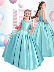 Teal A-line Beading Pageant Gowns For Girls Lace Up Taffeta Sleeveless Floor Length