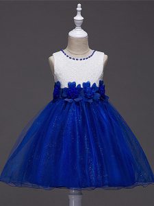 Elegant Knee Length Ball Gowns Sleeveless Royal Blue Little Girl Pageant Dress Zipper