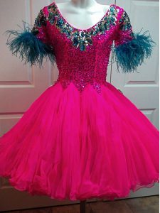 Great Mini Length Fuchsia Homecoming Gowns Organza Short Sleeves Beading and Sequins