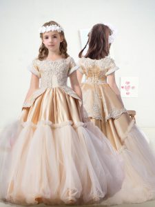 Scalloped Short Sleeves Organza Toddler Flower Girl Dress Lace Lace Up