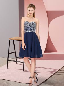 Dazzling Sleeveless Knee Length Beading Lace Up Dress for Prom with Navy Blue